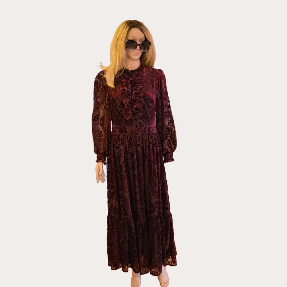 MOTF FLORAL FLOCKING Velvet Long Sleeve Dress in Deep Burgundy  M - Picture 11 of 16